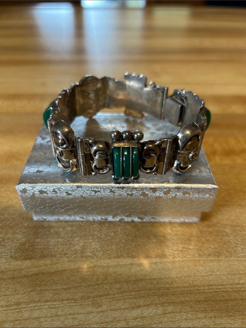 Vintage Mexican SS Bracelet with Green Onyx
